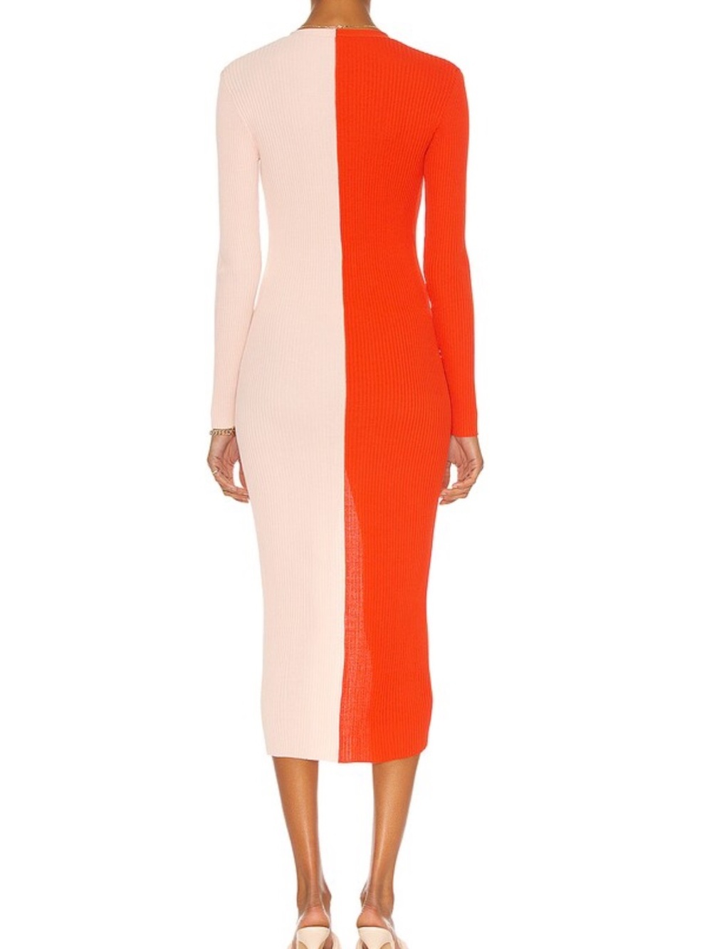 STAUD Shoko Colorblock Rib Knit Maxi Dress Coral Orange Pink Button Front Size M - Picture 3 of 11